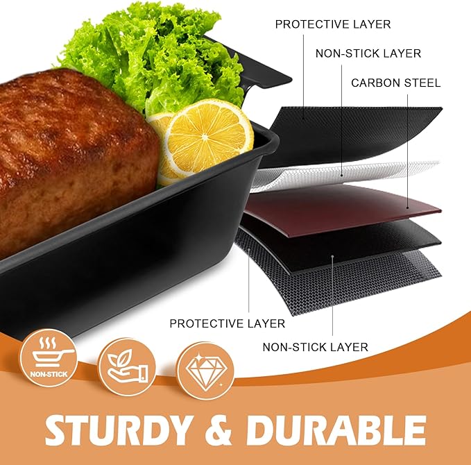 Pullman Loaf Pan with Lid + Non-Stick Meatloaf Pan with Draining Insert, Carbon Steel Bakeware with Scraper & Brush, 2LB Baking Pans for Homemade Bread & Meatloaf
