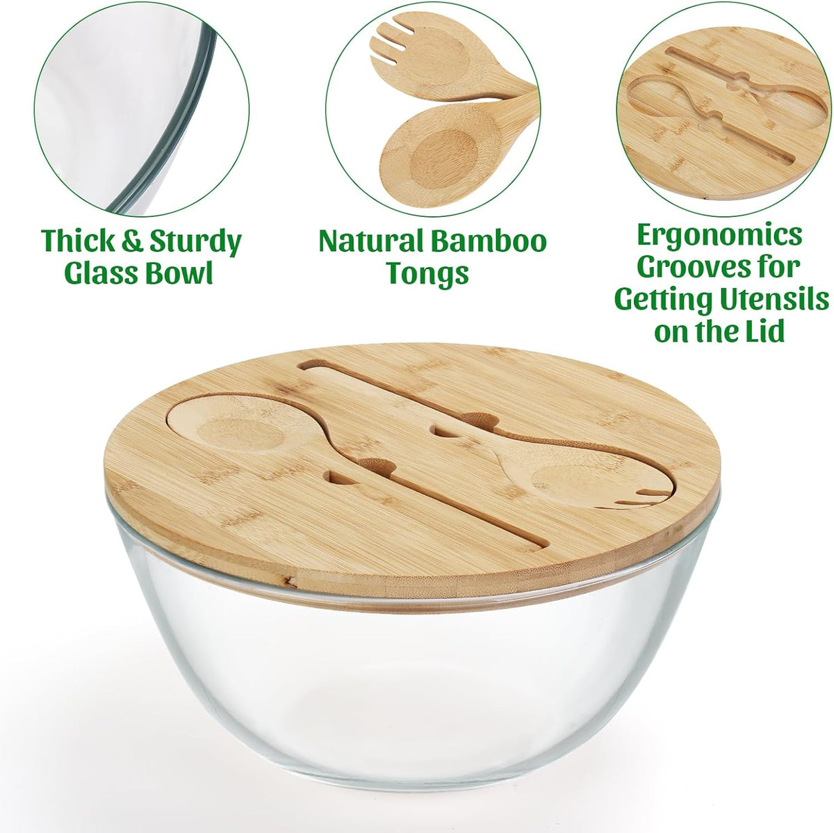 ShineMe Glass Salad Bowl, 4.7 Qt Large Mixing Bowl with Lid and Built in Utensils, Versatile Trifle Bowl for Serving, Mixing, Preparing, Storing, and Decoration in Kitchen