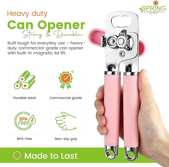 Spring Chef Stainless Steel Can Opener - Manual with Soft Grip Handles, Easy Turn, Heavy Duty Hand Can Openers for Seniors with Smooth Edge - Magnetic Lid Remover - Pink Lemonade