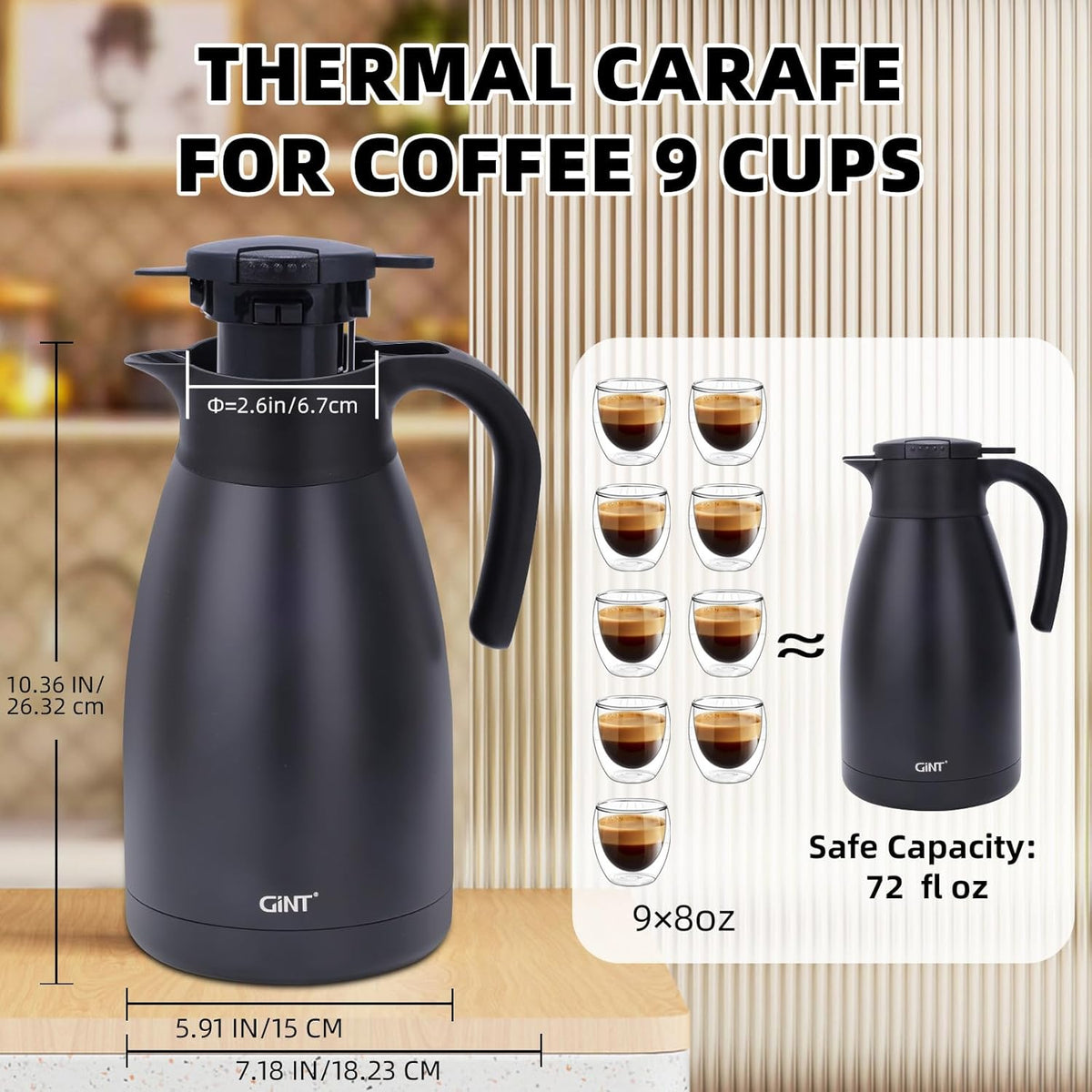 GiNT 2.2L / 74Oz Thermal Coffee Carafe, Insulated Stainless Steel Coffee Carafes for Keeping Hot/Double Walled Vacuum Thermal Carafe (Black)