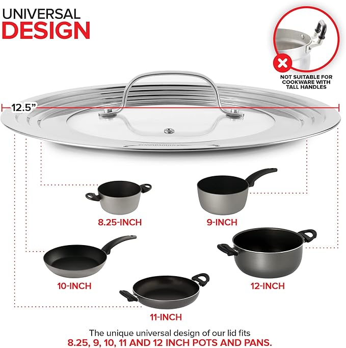 Modern Innovations Universal Lid with Tempered Glass Top for Pots & Pans, Fits 8.25, 9, 10, 11, and 12 Inch Cookware - Large Replacement Frying Pan Cover, Cast Iron Skillet Lids - Stainless Steel
