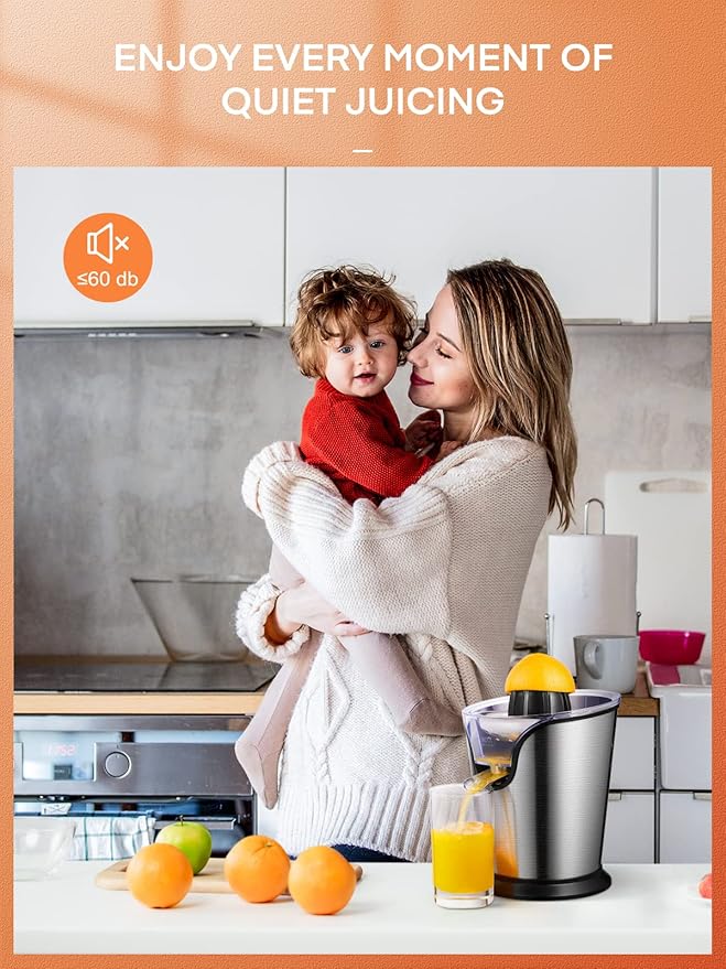 FOHERE Orange Juicer Squeezer Electric Citrus Juicer with Two Interchangeable Cones Suitable for orange, lemon and Grapefruit, Brushed Stainless Steel