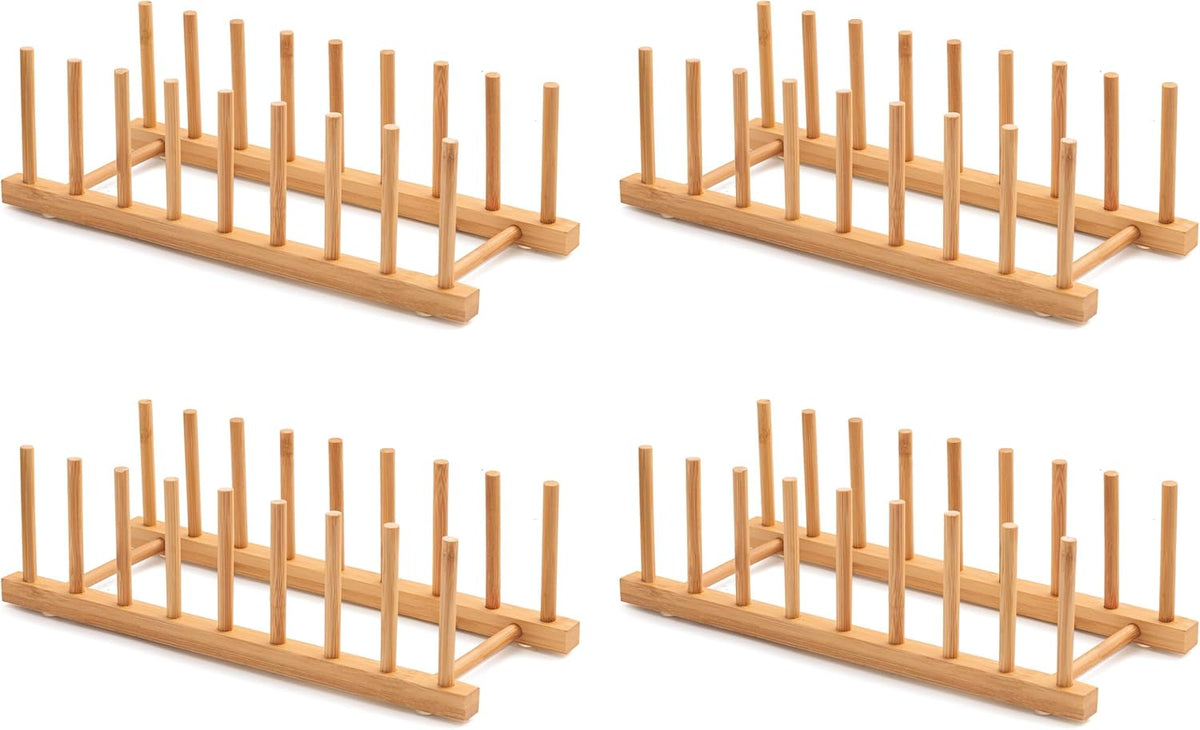Bamboo Dish Drying Rack for Kitchen Counter and Cabinet, Dish/Book/Plate/Bowl/Cup/Cutting Board/Pot Lid Organizer for Kitchen, Living Room, Study, Display Cabinet (8 Slots)