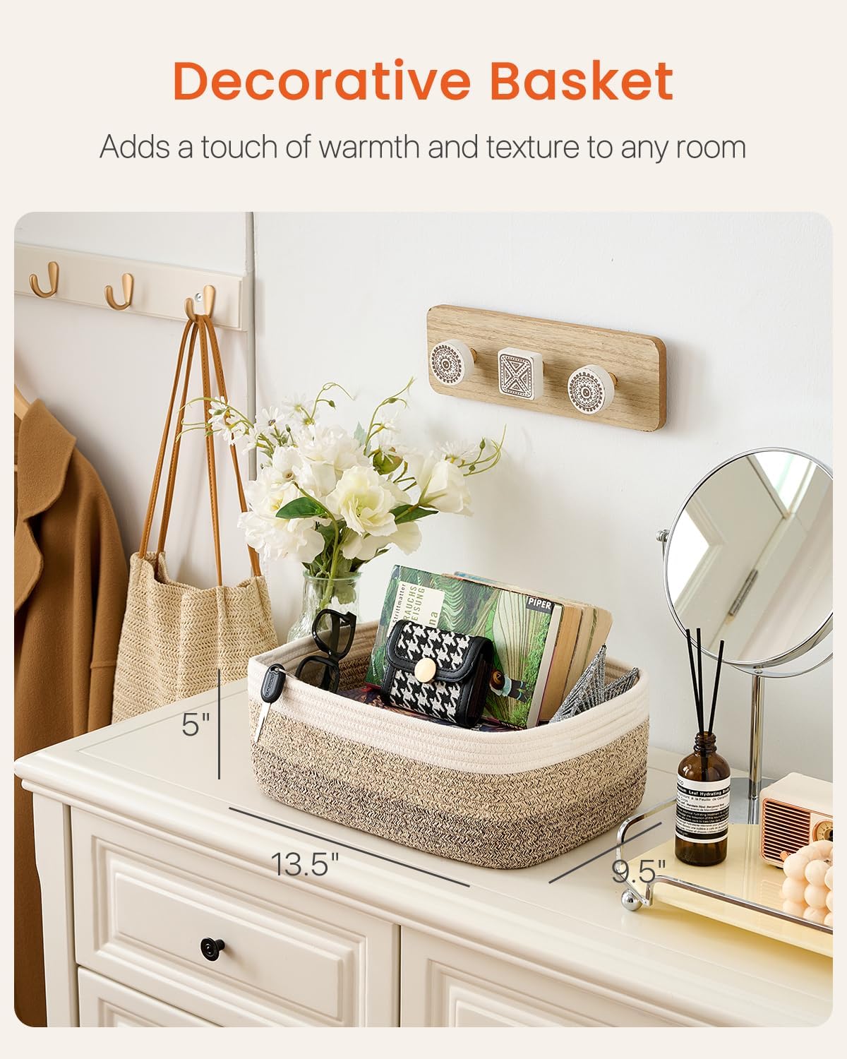 Small Woven Basket, 13.5 x 9.5 x 5 Inches, Storage Basket for Organizing, Cute Small Rope Shelf Closet Cube Storage Bins Baskets for Shelves, Dog Toy Gift Baskets Empty, 3 Pack Gradient Brown