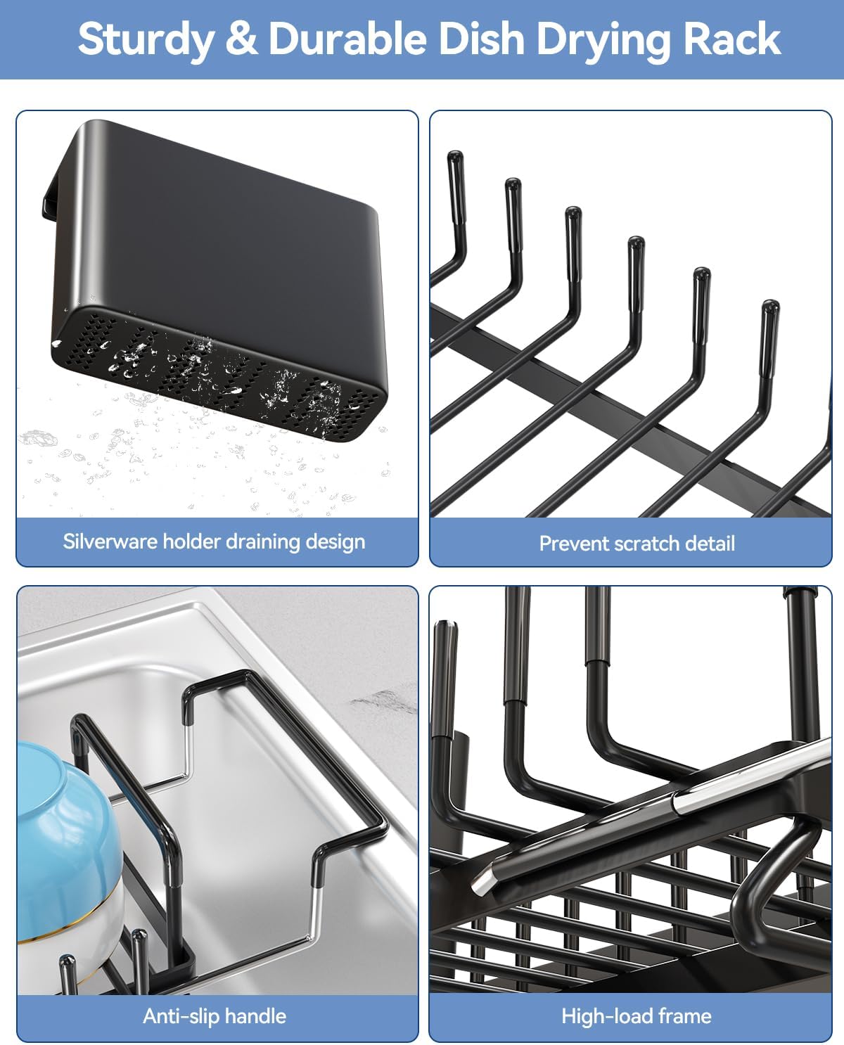 Small Dish Drying Rack in Sink, Expandable Dish Drainer Over Sink with Silicone Drying Tray, Compact Dish Rack for Kitchen Counter with Utensil Holder, Drying Rack Organize Small Space, Black