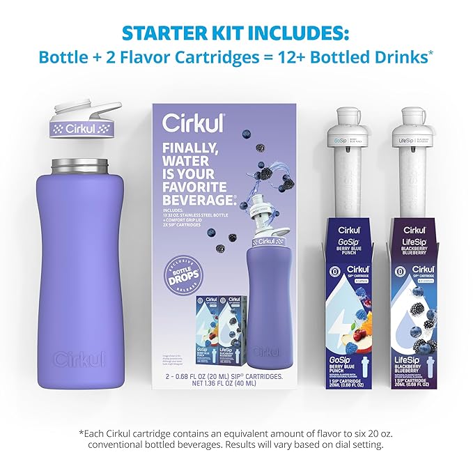 Cirkul 32oz. Matte Periwinkle Stainless Steel Water Bottle Starter Kit with Purple Lid, 2 Flavor Cartridges (1 LifeSip Blackberry Blueberry, 1 GoSip Berry Blue Punch) No Sugar, Zero Calorie Drink Mix