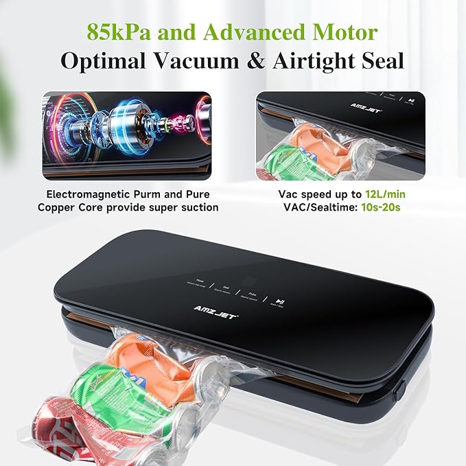 Vacuum Sealer for Food - Tempered Glass Panel, LED Touch Control, Digital Display, Pulse/Moist/Dry/Seal/External Suction Modes, Includes 30 Vacuum Bags & Built-in Cutter(Black)