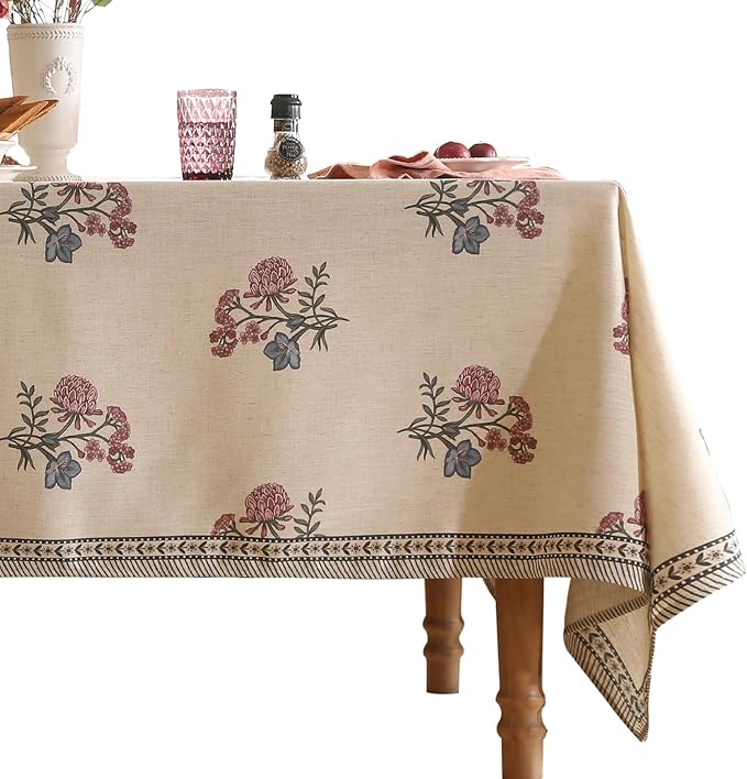 ISAENNE Designer Linen Light Beige Long Tablecloth Rectangle,French Colorful Floral Table Cloth,Stain Resistant Decor Tablecloths for Dining Thanksgiving Christmas Kitchen,63"*94"-Helena E