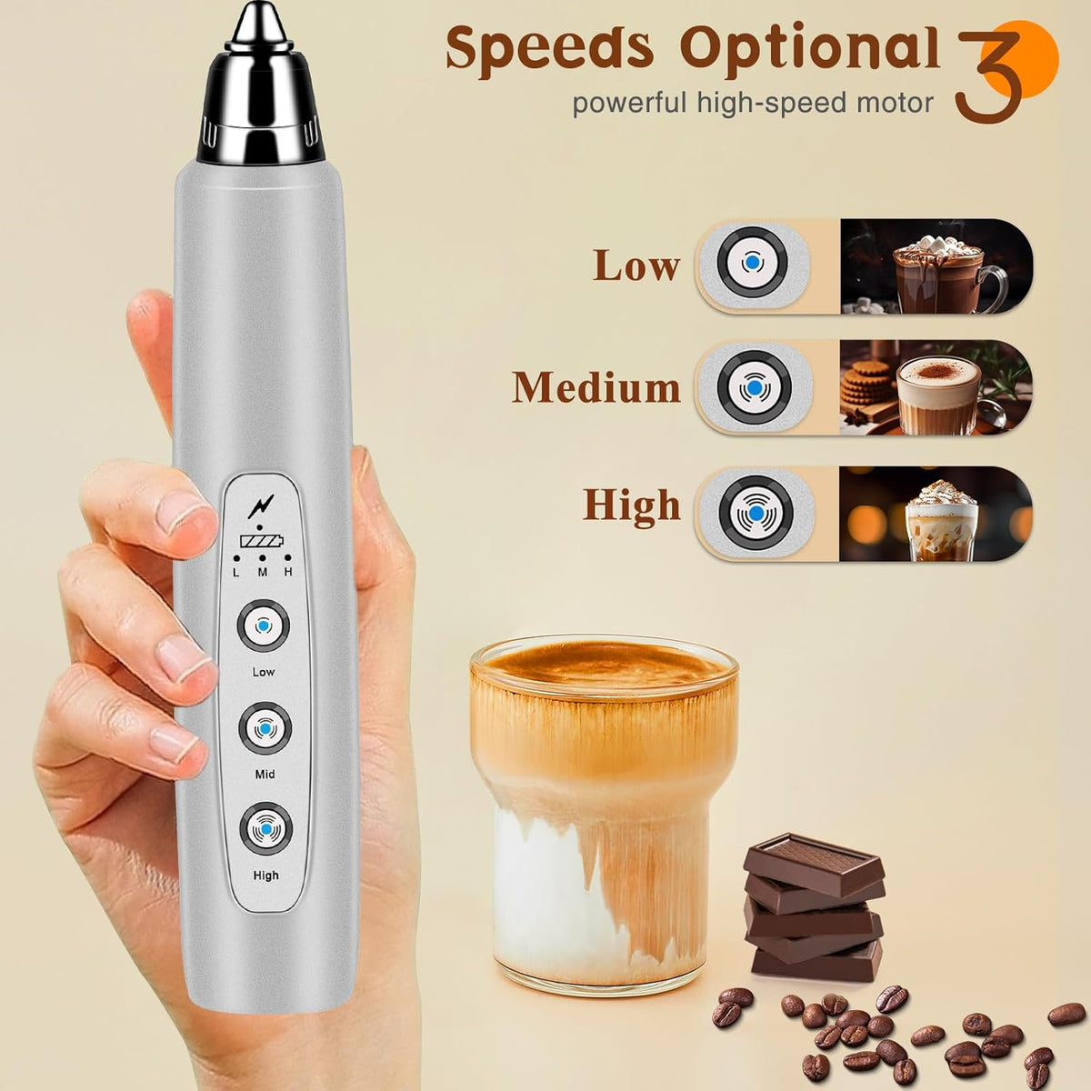 Milk Frother Handheld Rechargeable, Frother Wand Drink Mixer Electric Whisk for Coffee, Detachable With 3 Stainless Whisks, Hand Mixer for Lattes, Cappuccino, Matcha, Egg, No Stand, Silver