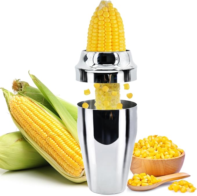 Newness Corn Stripper Peeler & Cutter with Cup, 304 Stainless Steel Cob Thresher, Off-Cob Kernel Remover & Slicer with Serrated Blade for Home & Kitchen