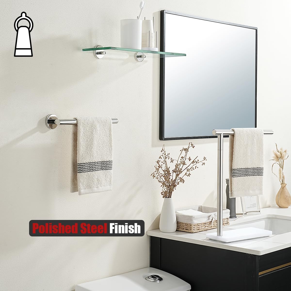 JQK Hand Towel Holder Towel Ring Chrome, 10 Inch Thicken 0.8mm 304 Stainless Steel Bathroom Hand Towel Bar, 9 Inch Useable Length Wall Mount Towel Rack Hanger, Polished Steel, THH110L9-CH
