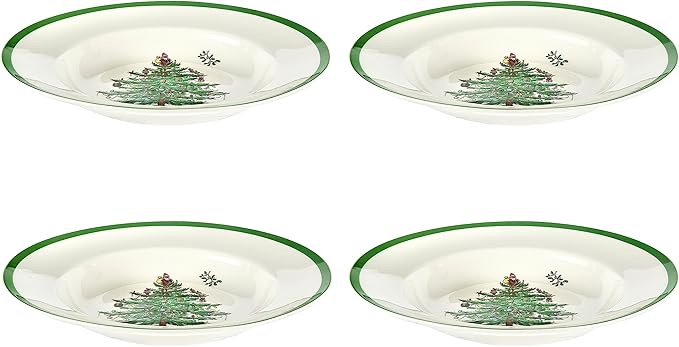 Spode Christmas Tree 9" Soup Plate (Set of 4) – Stoneware Bowls with Festive Tree Design & Green Rim, Ideal for Serving Soup, Pasta, Salad – Microwave & Dishwasher Safe Holiday Dinnerware