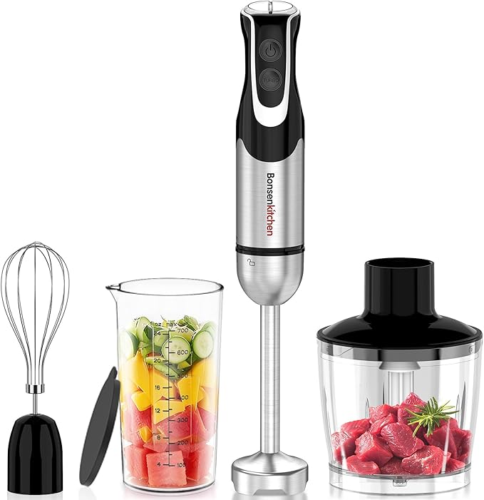 Bonsenkitchen 4-in-1 Immersion Blender Handheld with Food Processor, 12 Speeds Hand Blender with Turbo Mode, Stainless Steel Blade, Egg Whisk, Beaker & Chopper Bowl, Stick Mixer for Smoothie, Puree