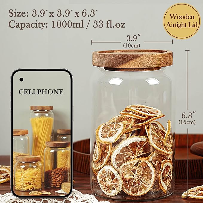 Labina Glass Storage Container Airtight Food Jars Kitchen Canister with Wood Lids, 33 Oz Wide Mouth Pantry Organization Glass Jar for Flour, Sugar, Cookie, Spagetti, Nuts and Candy (2 Pack)