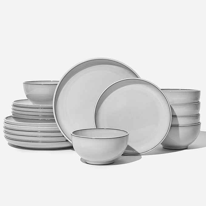 18 Piece White Stoneware Dinnerware Set for 6, Santorini Mist Terracotta Plates and Bowls with Reactive Glaze, Microwave & Dishwasher Safe, Aesthetic Ceramic Dishes for Family Meals & Hosting