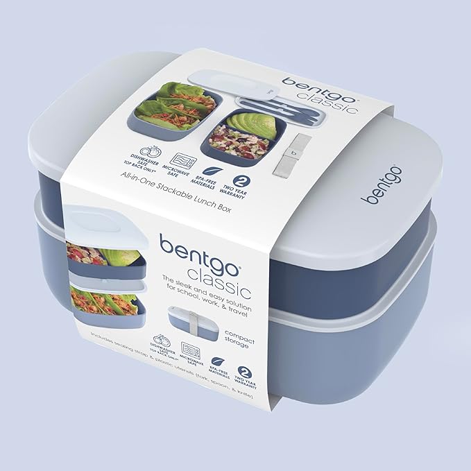 Bentgo Classic - Adult Bento Box, Stackable 3-Compartment Lunch Box with Removable Utensil Set and Sealing Strap, BPA-Free, Food Container Ideal for Meal Prep, Work, and On the Go (Slate)