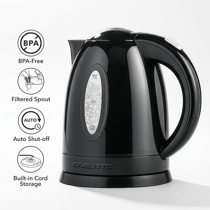 OVENTE Electric Kettle, 1.7L Fast Boiling Water Heater for Coffee or Tea, BPA Free with Water Level Gauge, Auto Shut-Off, Boil-Dry Protection, Indicator Light and Removable Filter, Black KP72B