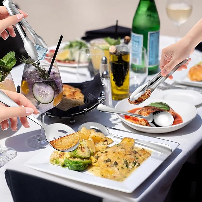 12PCS Stainless Steel Serving Utensils Sets - Large Serving Spoons,Slotted Spoons,Serving Tongs,Appetizer Tongs,Utensills Sets for Buffet Catering Banquet Party (Silver)
