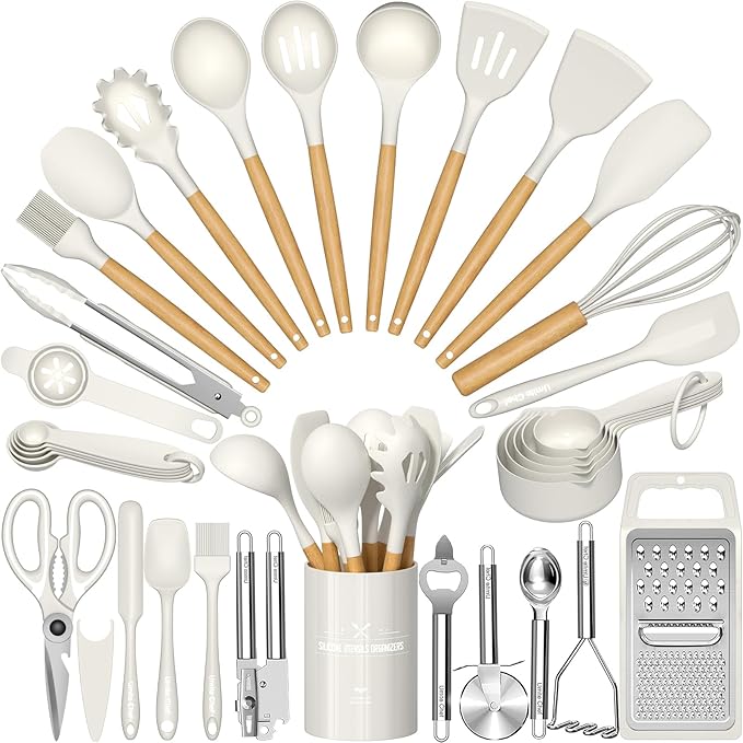 Umite Chef Silicone Kitchen Utensil Set, 34PCS Heat Resistant Kitchen Gadgets and Tools With Grater, Cream White Wood Handles for Nonstick Cookware