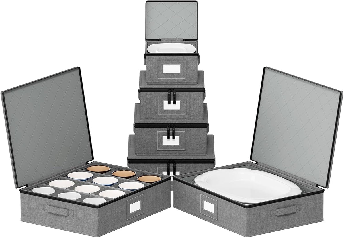 SpaceAid China Storage Containers 6 Pack, Stackable Hard Shell Quilted Cases with Soft Plate Separators, Moving Supplies Packing Boxes for Dishes, Plates, Platters, Mugs, Cups (Grey)