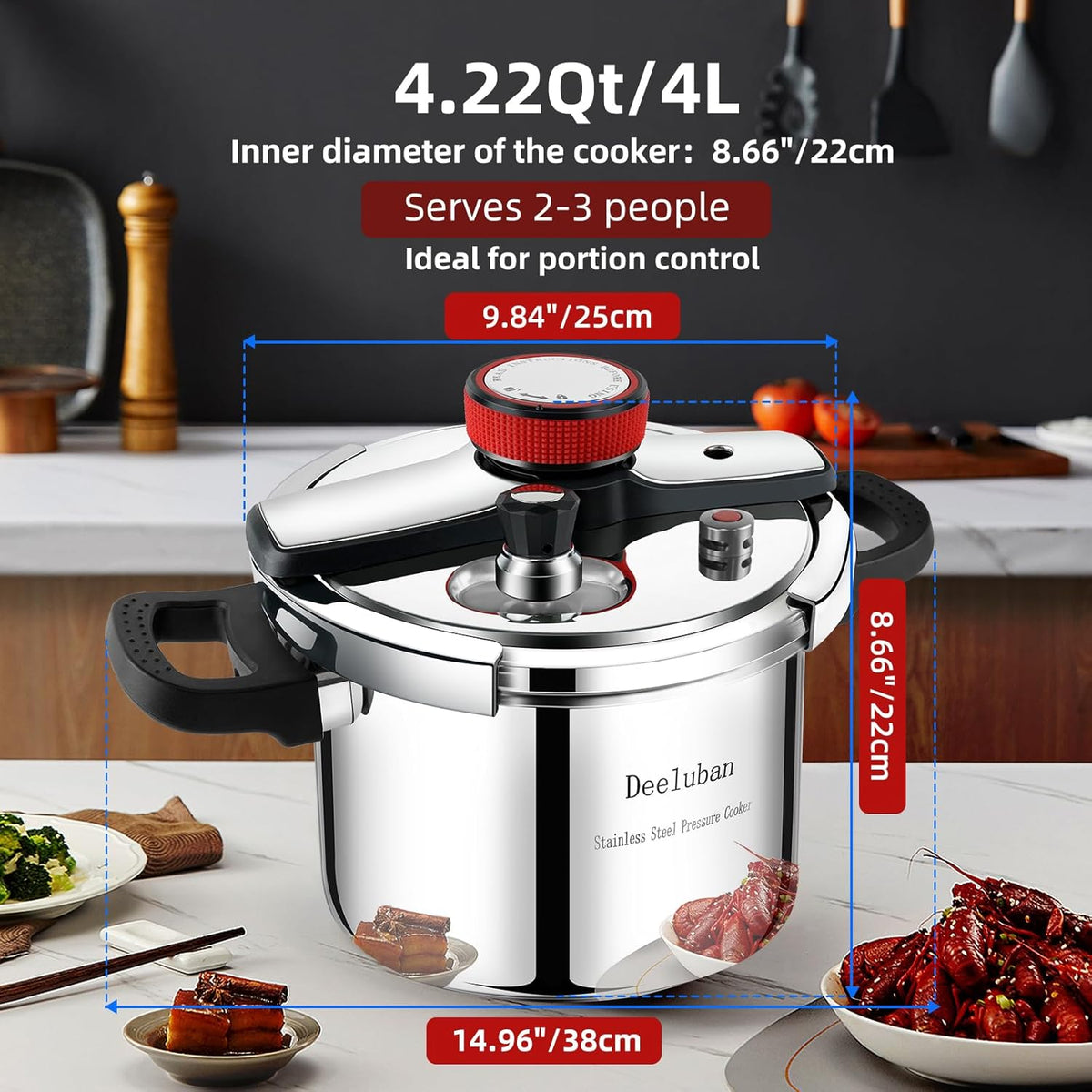 304 Stainless Steel Pressure Cooker 4 QT (4.22 Quart) - Explosion-Proof Safety Lock, One Hand Operation, Fast Cooking, Dishwasher Safe & Induction Compatible Cookware, Deeluban