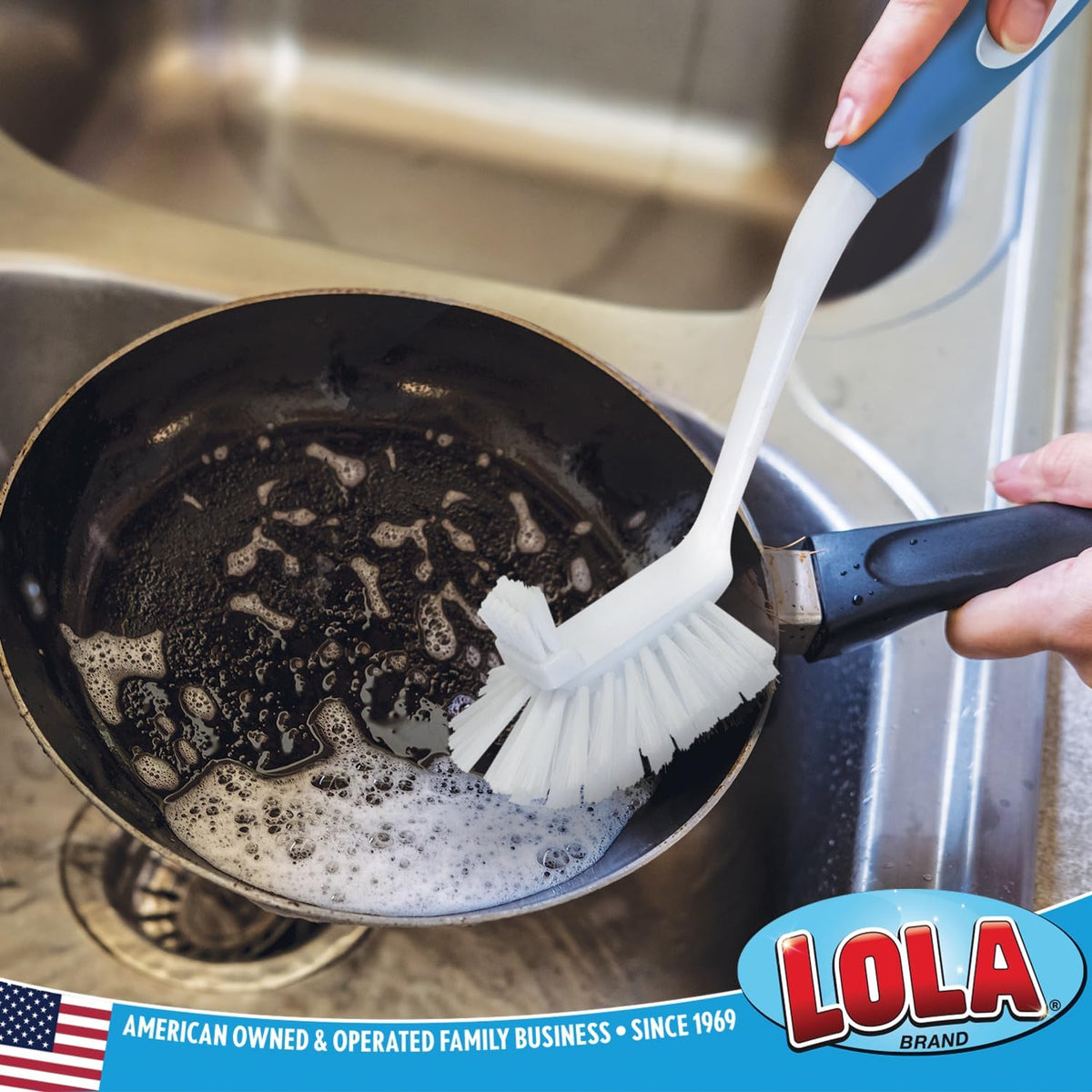 Lola Products Pro Utility All Purpose Kitchen Cleaning Brush, Durable Bristles, Comfort Ergonomic Rubber Non-Slip Grip, Built-in Food Scraper, 2 Pack