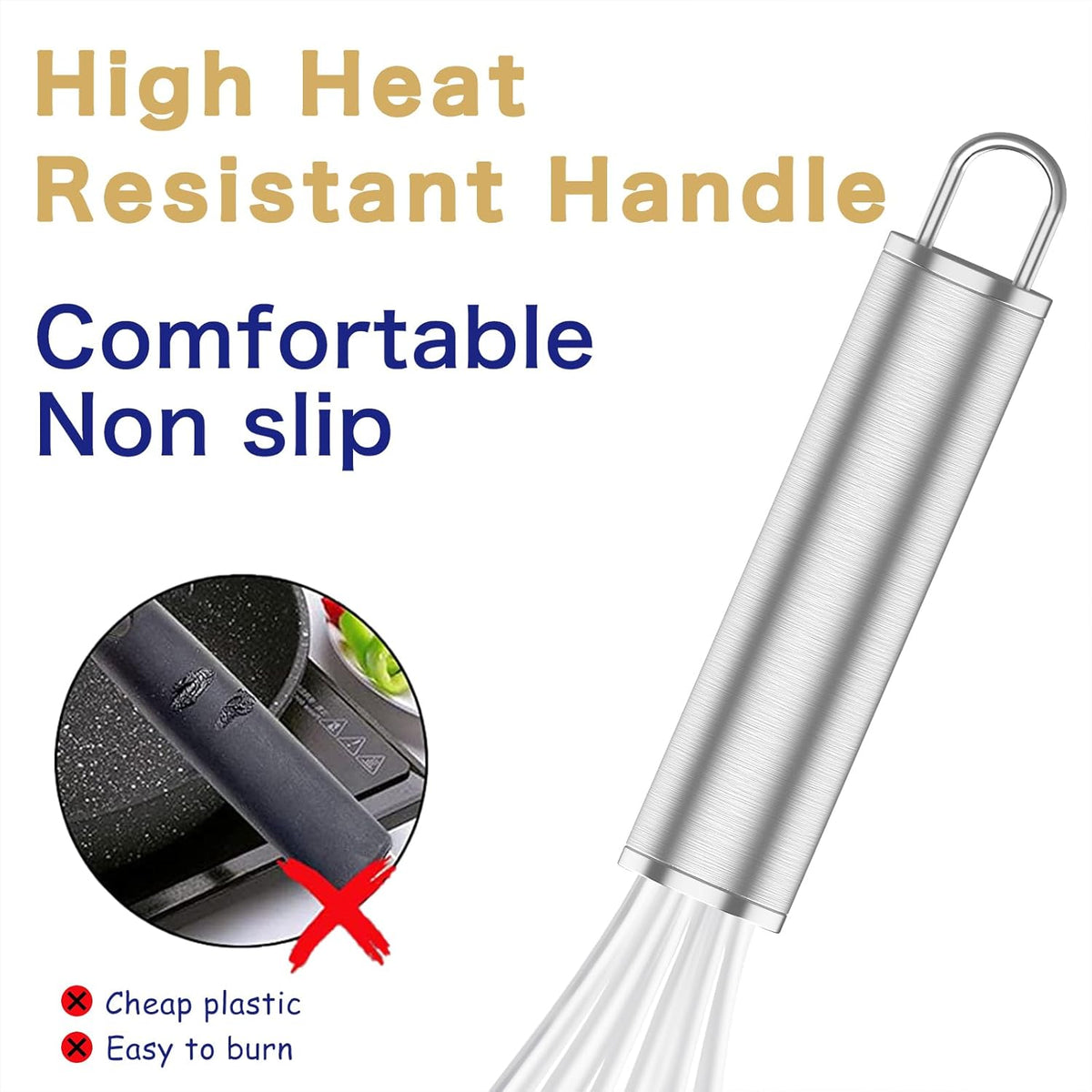 White Silicone Whisk, Professional Whisks For Cooking Non-Scratch, Stainless Steel & Silicone Wisk, Plastic Rubber Whisk Tool For Nonstick Cookware Pans, BPA free, Silicon Wisks Set of 3
