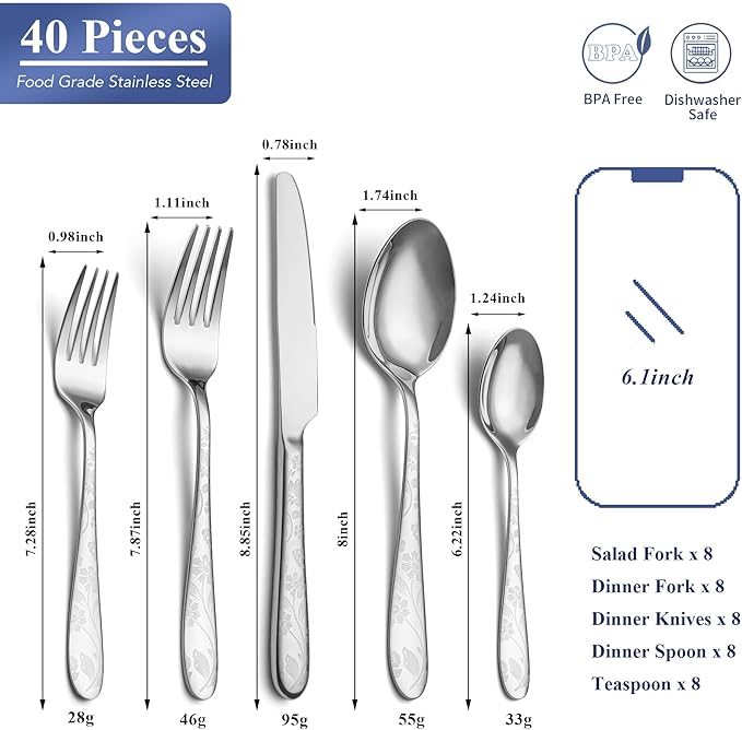 40 Piece Silverware Set Service for 8, EIUBUIE Premium Stainless Steel Cutlery Set, Mirror Polished Flatware Sets with Pattern Handle, Modern Kitchen Eating Utensils Sets Include Spoons Forks Knives