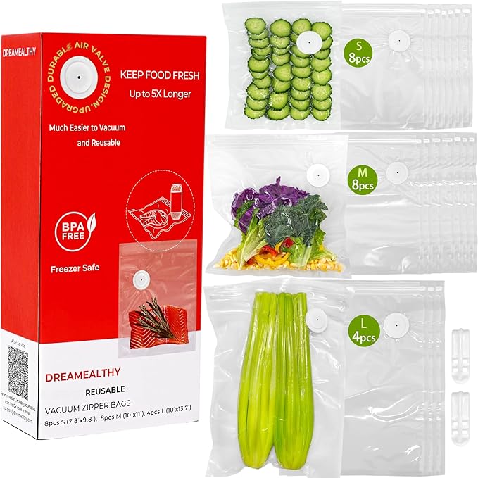 20 Reusable Vacuum Seal Bags for Food, Compatible with Most Handheld Vacuum Sealer, BPA-Free, Sous Vide Bags, Upgraded Sturdy Air Valve (8 Small, 8 Medium, 4 Large), Vacuum Sealer not Included