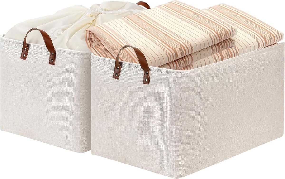 DULLEMELO Beige Storage Baskets for Organizing, Set of 2 Extra Large Canvas Fabric Storage Baskets with Handles, Foldable Storage Bins Baskets for Blankets Living Room