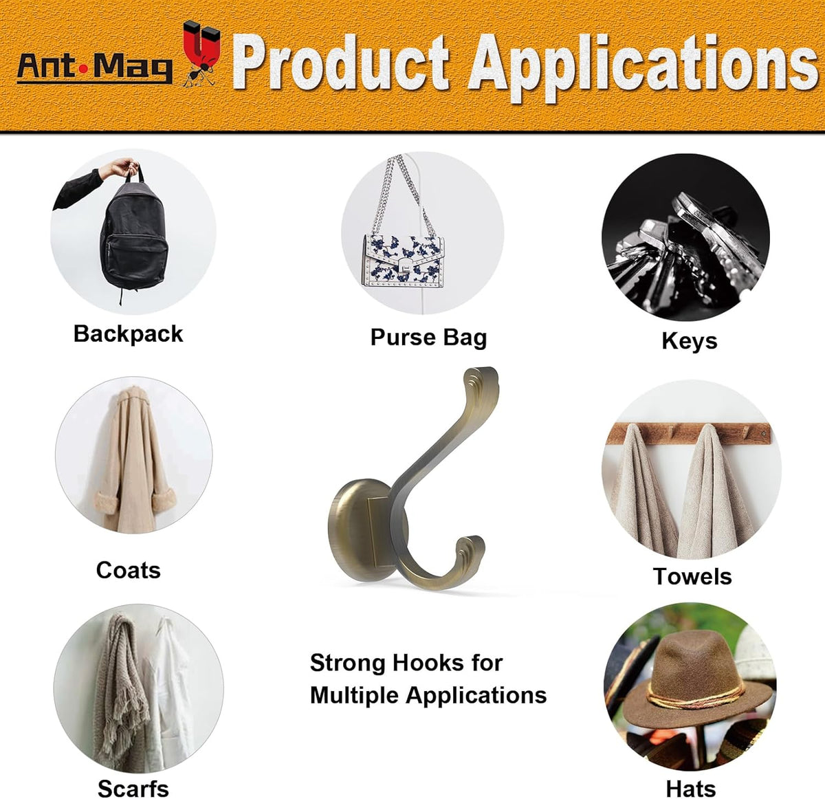 Ant Mag Magnet Hooks Heavy Duty 140lbs Neodymium Magnet Metal Wall Hooks for Hanging Coats Robes Backpacks Bags Hats Keys Mugs Cups Towels Bronze