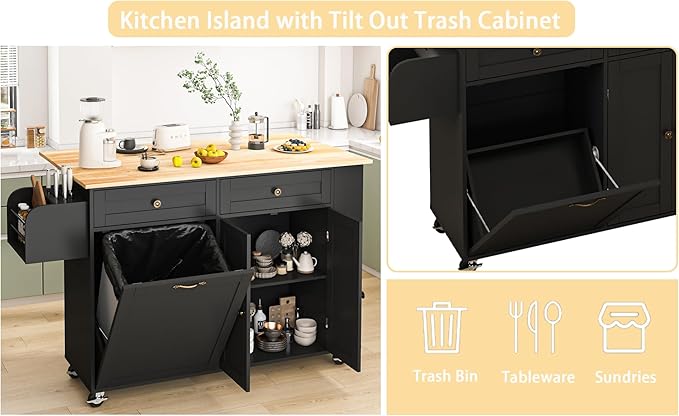 60'' Rolling Kitchen Island with Drop Leaf, Storage Islands Cart with Tilt Out Trash Can Cabinet, Rubber Wood Tabletop, Knife Holder, Wheels, Black