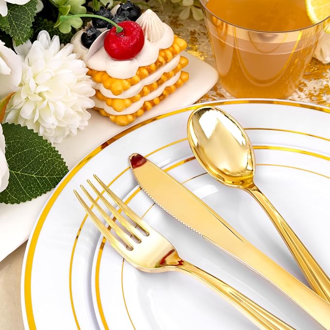 bUCLA 350PCS White and Gold Plastic Plates - Gold Disposable Dinnerware for Include 50 Dinner/Dessert Plates, 50 Forks, 50 Knives, 50 Spoons, 50 Cups & 50 Napkins for Party & Thanksgiving