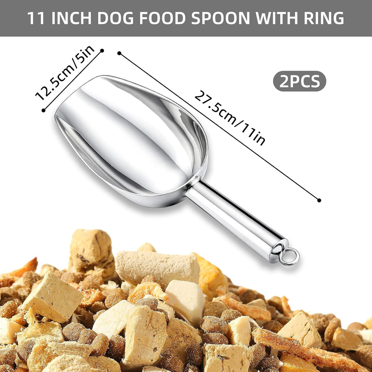 2 Pack Metal Dog Food Scoop 18 Oz With Loop, Large 11 Inch Stainless Steel Scooper