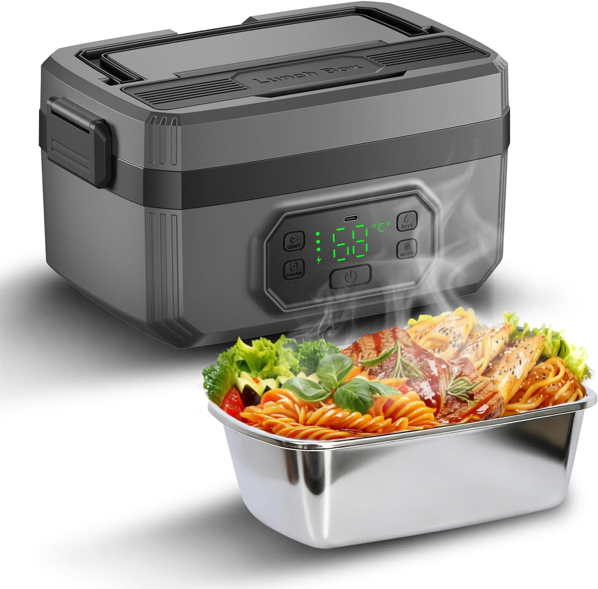 1.2L Cordless Electric Lunch Box - 21000mAh Heated Lunch Box Battery Powered with Automatic Heating, 9-Timer & 5-Temp Setting, Leakproof 304 Stainless Steel Container, Perfect for Office/Truck/Outdoor