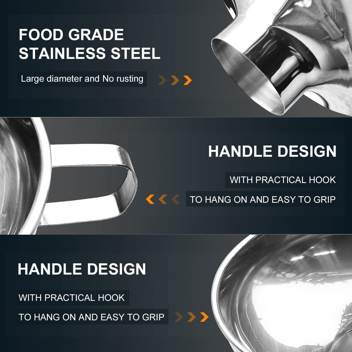 Walfos 5.5 Inch and 4 inch Stainless Steel Wide-Mouth Funnel with Handle for Wide and Regular Mason Jars Canning Jars,Wide Mouth Funnels for Kitchen Use Transferring Liquid and Dry Ingredients!