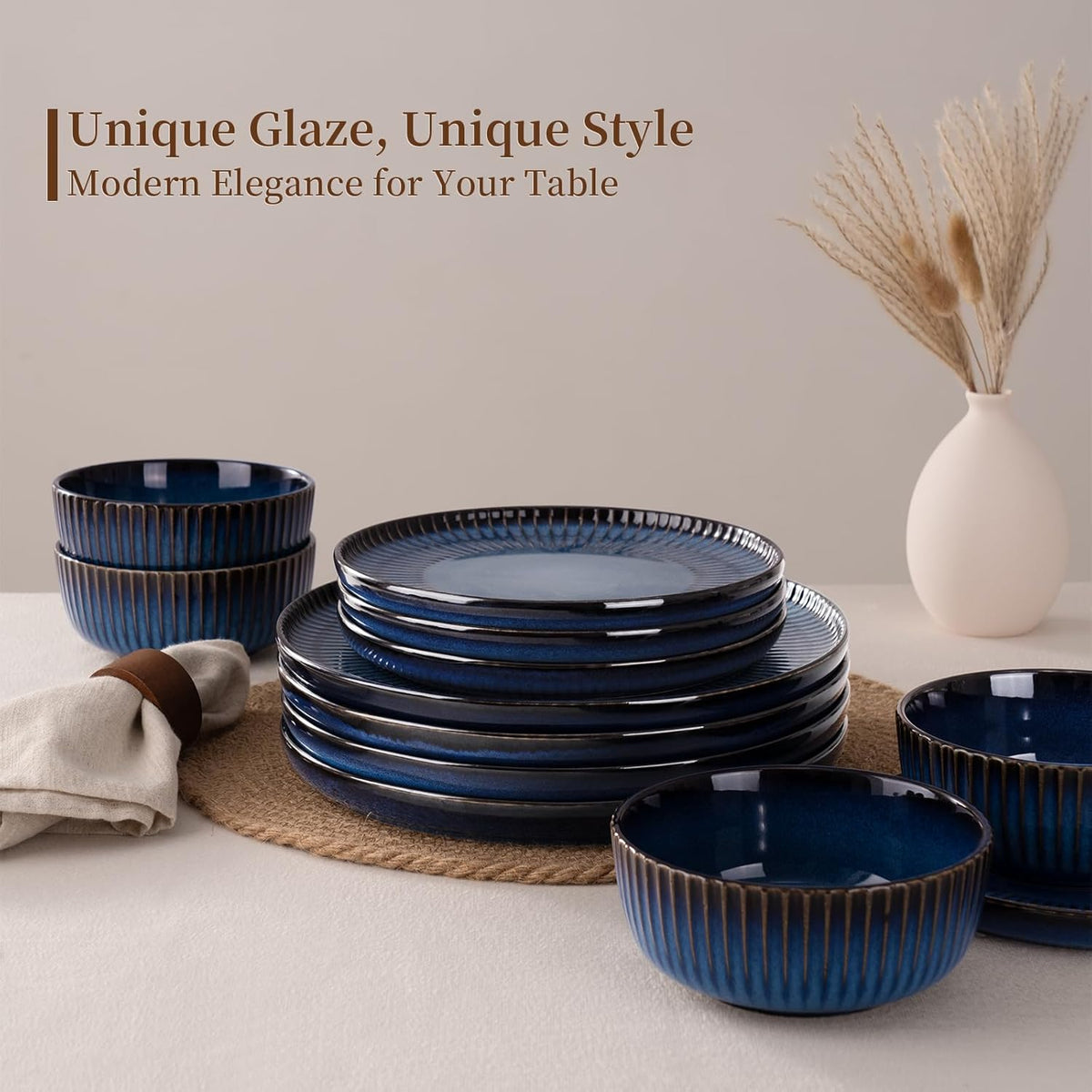 Famiware Starlight Dinnerware Sets, Plates and Bowls Dish Set of 4 (12 Pieces), Ribbed Textured Tableware - Dishwasher & Microwave Safe, Chip & Scratch Resistant, Reactive Glaze, Starry Blue
