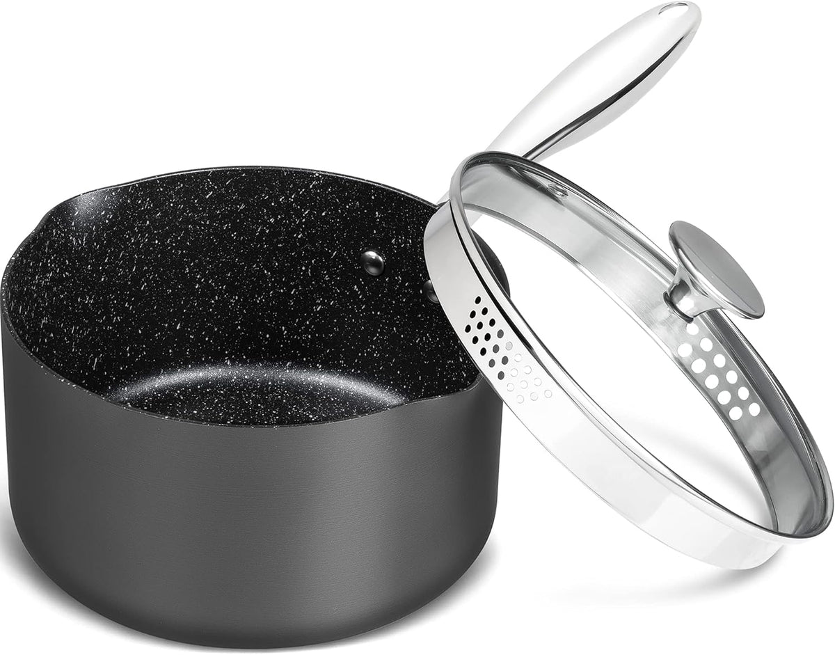 MICHELANGELO 3 Quart Saucepan with Lid, Hard Anodized Nonstick Sauce Pan with Strainer Lid & Pour Spouts for Easy Pour, Granite Derived Coating Sauce Pan for Cooking, Small Pot - 3 Qt Saucepan
