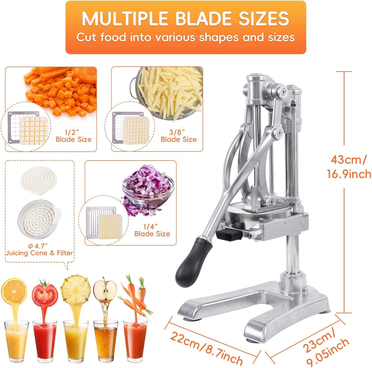 Commercial Vegetable Fruit Chopper, Hand Press Juicer, Professional Citrus Juicer for Lime Lemon, Stainless Steel Food Dicer French Fry Cutter Slicer 1/4″ & 3/8″ & 1/2" Blade