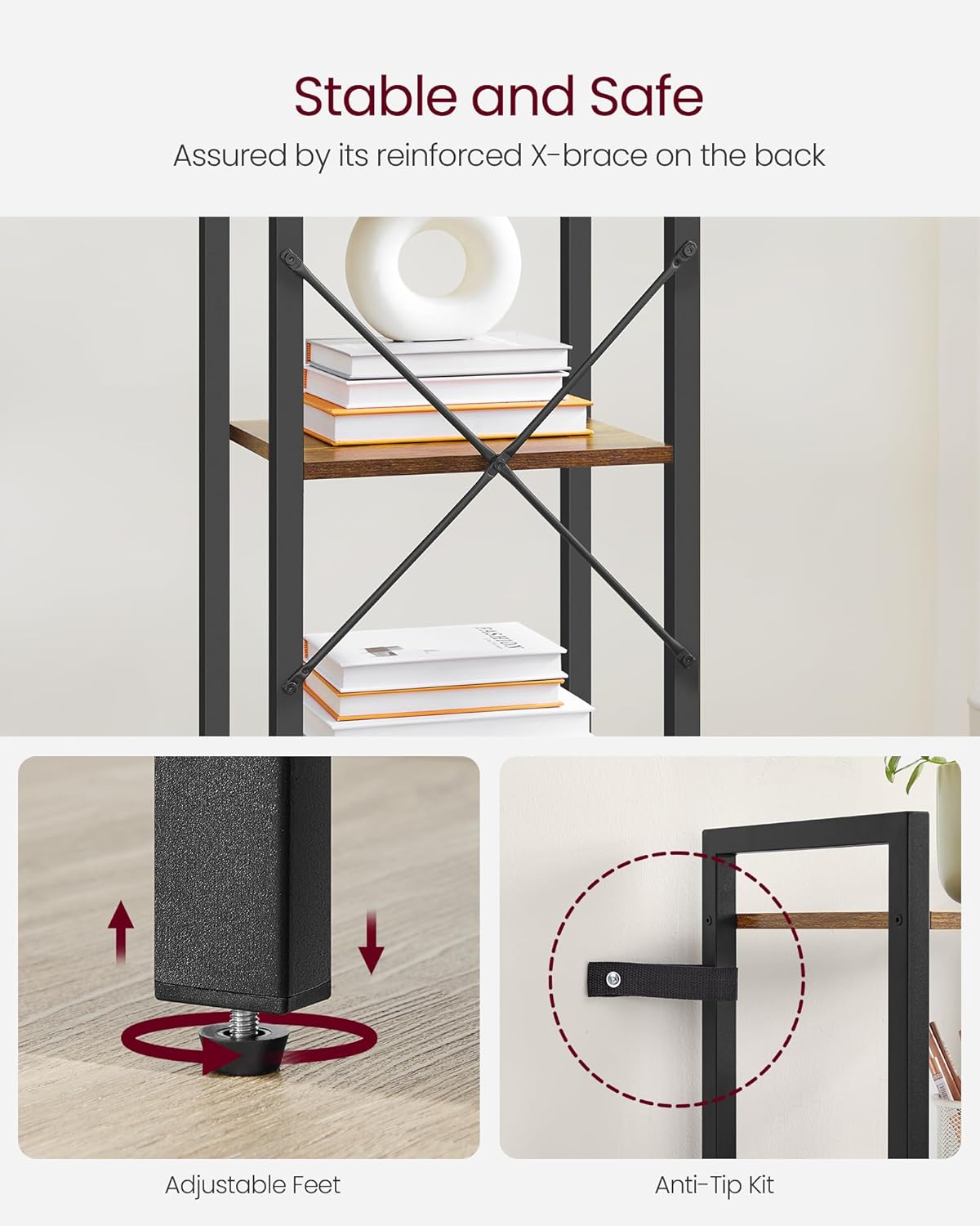 VASAGLE 5-Tier Bookshelf, Bookcase with Steel Frame, Book Shelf for Living Room, Home Office, Study, 11.8 x 15.7 x 60.2 Inches, Industrial Style, Rustic Brown and Ink Black ULLS100B01