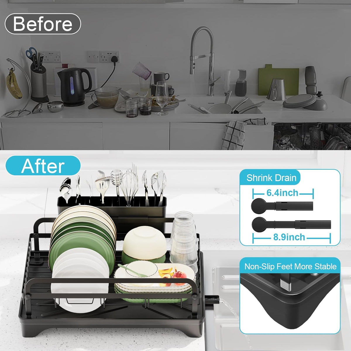 Dish Drying Rack for Kitchen Counter - Large Dish Rack with Drainboard, Rustproof Dish Drainer with Drainage Spout & Utensil Holder for Sink, Black