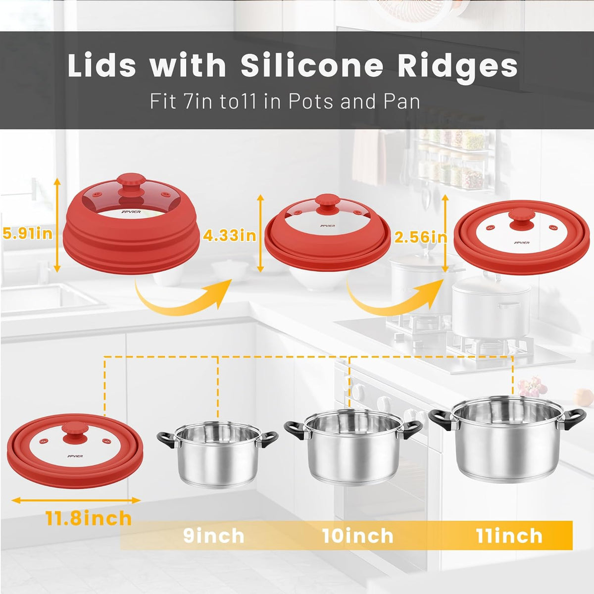 Collapsible Microwave Splatter Cover - Vented Silicone & Glass Lid with Easy-Grip Handle, Fits 6 to 11 Inch Plates & Bowls, 11.8 Inch Diameter, Prevents Splatters & Ensures Even Heating
