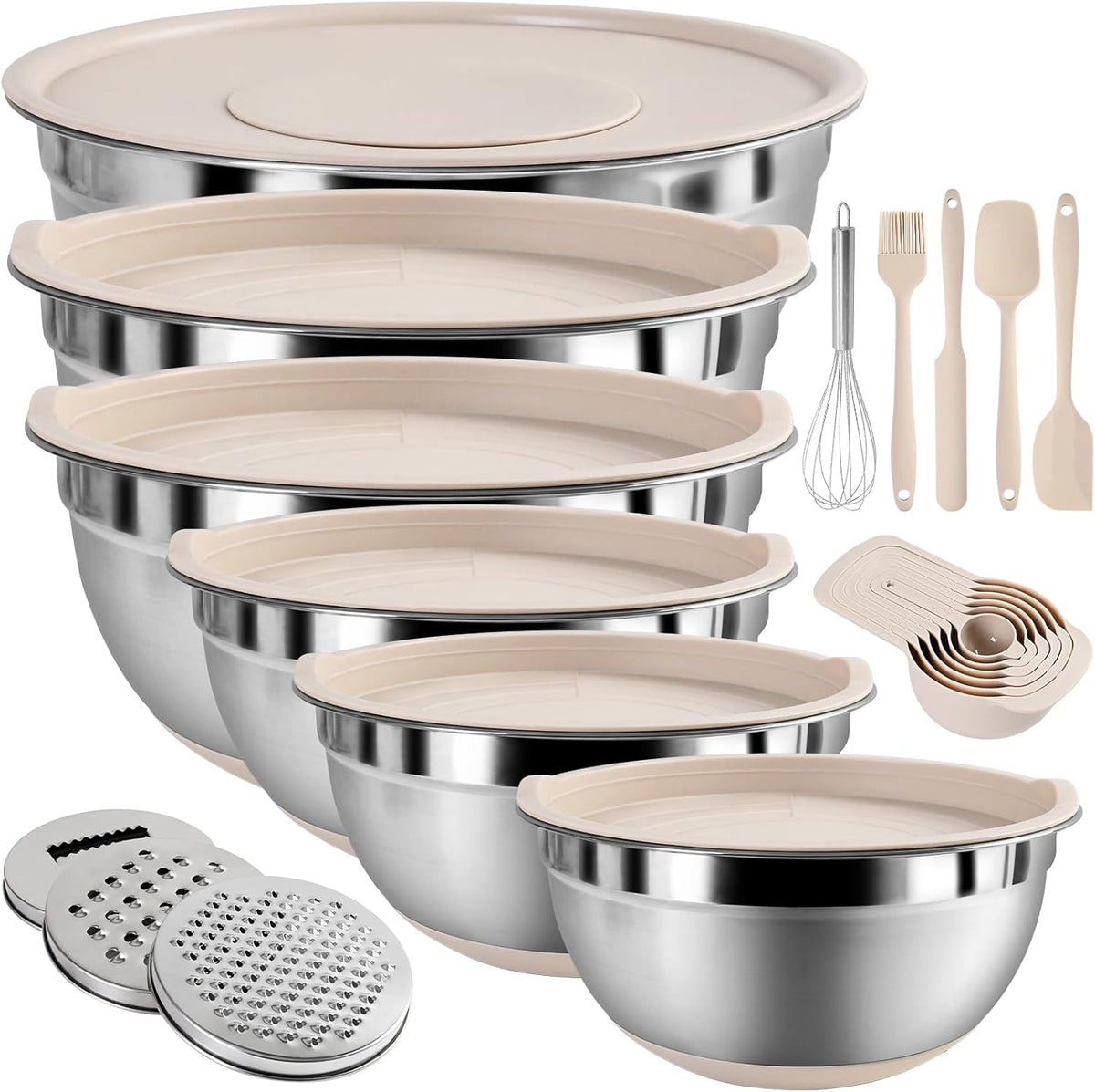 Mixing Bowls with Airtight Lids Set, 20 PCS Kitchen Gadgets Set, 6 Stainless Steel Bowls,3 Grater Attachments,Non-Slip Silicone Bottoms,Great for Serving&Baking,Size 5, 4, 3.5, 2.1, 1.5, 1.1QT (Khaki)