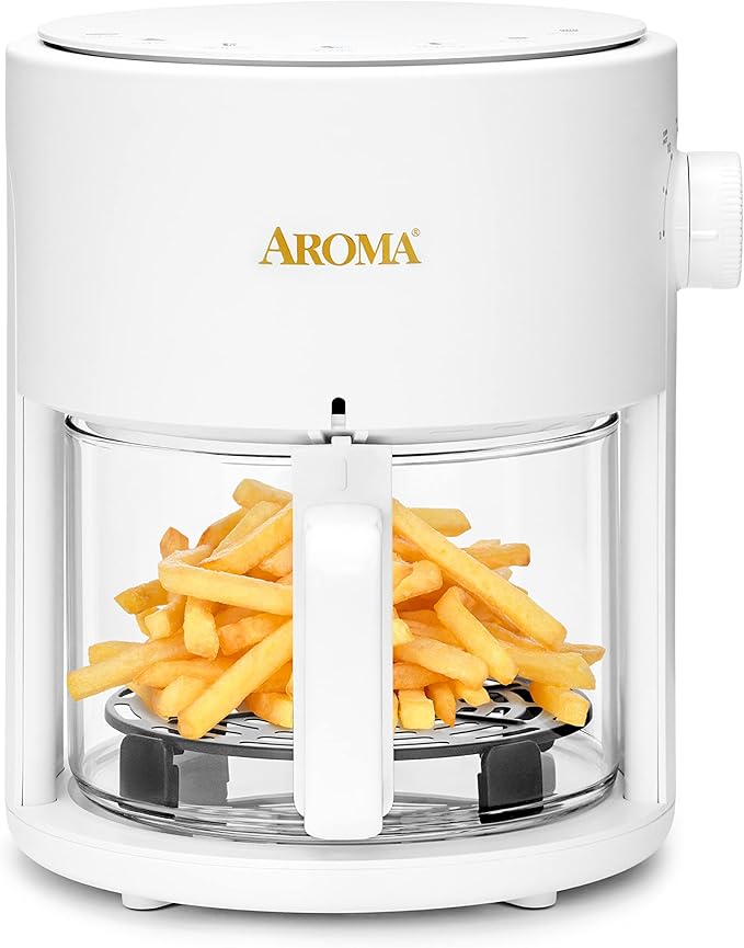 AROMA® Glass Air Fryer and Countertop Convection Oven with Powerful 360Crispy™ Technology (3 Quart), White