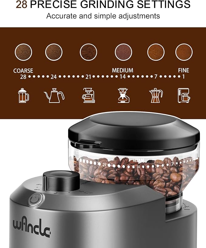 Wancle Coffee Grinder - Electric Burr Coffee Grinder - Adjustable Burr Mill with 28 settings - 12 Cups - Professional Coffee Bean Grinder - Grey