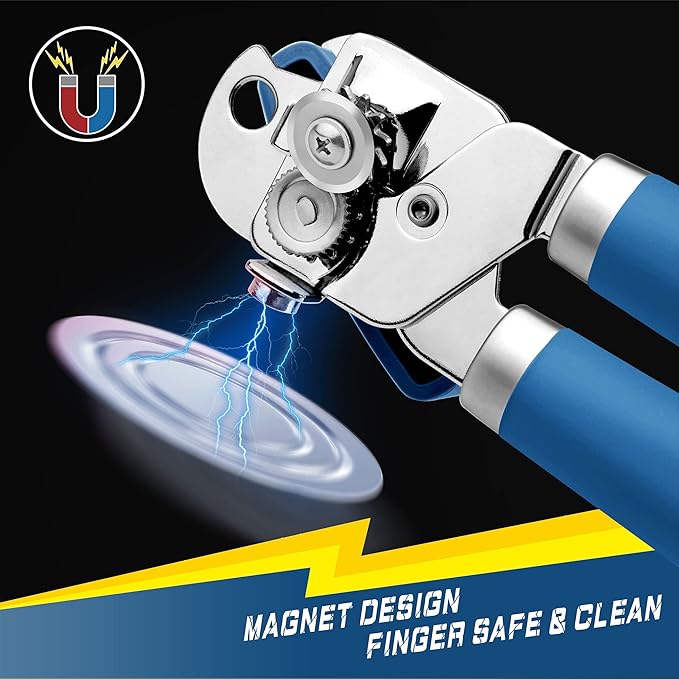 PrinChef Can Opener Manual, Can Tin Bottle Opener with Magnet - No-Trouble-Lid-Lift, Handheld Can Opener Smooth Edge with Sharp Blade, Heavy Duty and Easy to Use, for Seniors with Arthritis, Blue