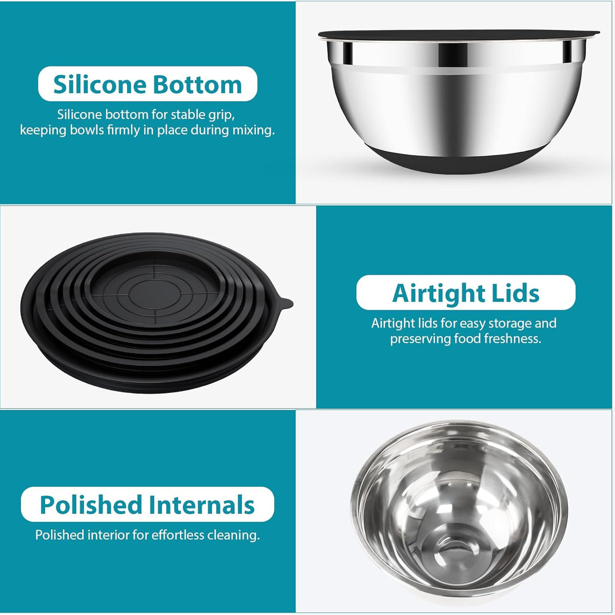 20-Piece Mixing Bowls Set with Airtight Lids – 6 Stainless Steel Kitchen Bowls (4.5QT, 4QT, 3.5QT, 2.1QT, 1.5QT, 1.1QT), 3 Grater Attachments, Non-Slip Silicone Bottoms, Perfect for Baking & Serving