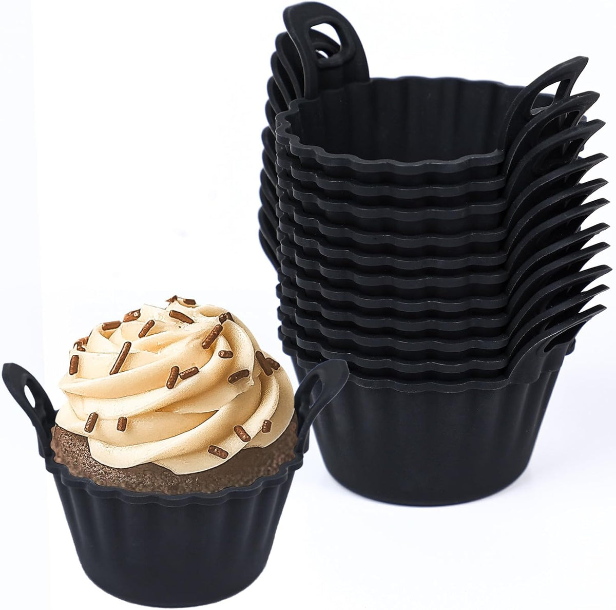 Koluti Reusable Silicone Baking Cups Set of 12, Nonstick Muffin Cupcakes Mold with Double Handle, BPA Free, Mini Round Air Fryer Cupcake Liners, Black