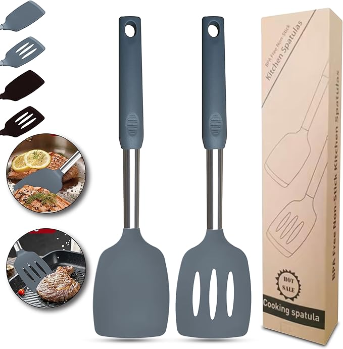 Silicone Spatulas set for kitchen use : Heat Resistant Turner & Slotted Silicone Spatula for Cooking, Non Toxic Kitchen Utensils, Ideal kitchen spatula turner for Eggs & Pancakes (Gray)