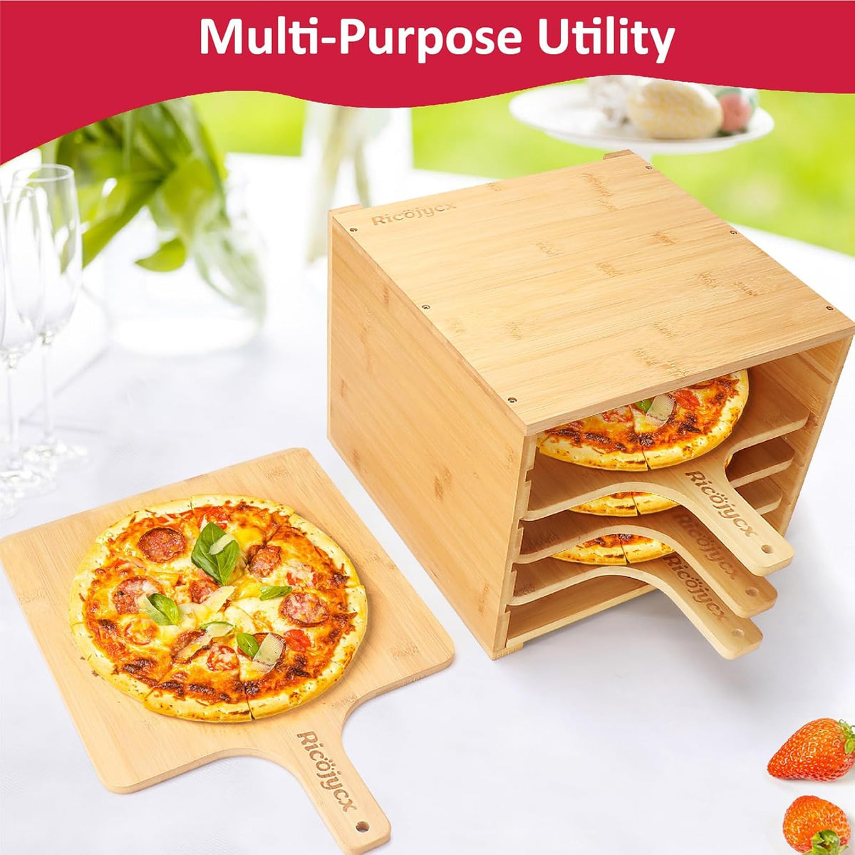 Multilayer Bamboo Pizza Peel Rack, Contain 4 x 12 Inch Non-Stick Bamboo Pizza Boards, Pizza Paddle Stand for Easy Storage and Baking Multiple Pizzas and Bread